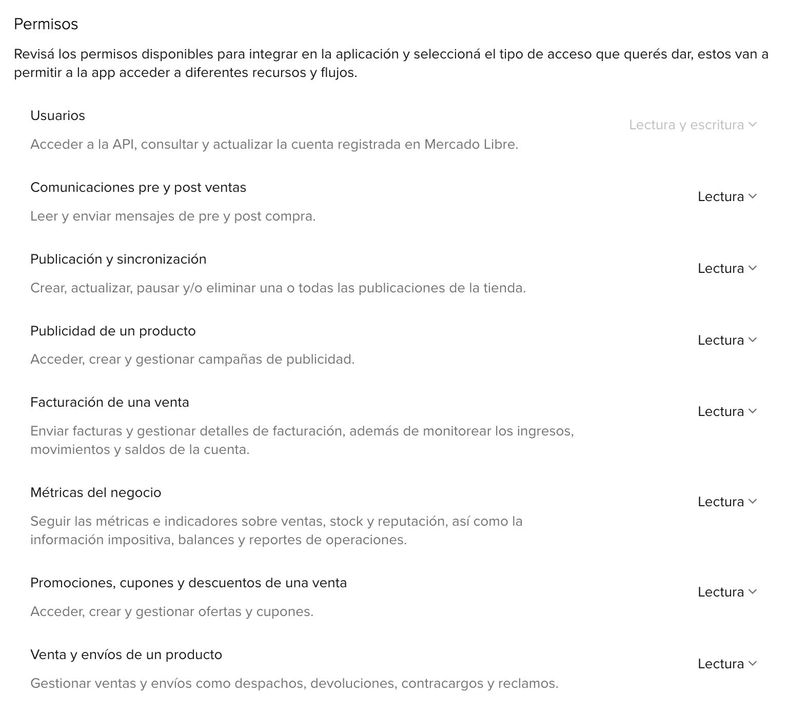 Configuração de permissões do app Jaguar Sheet no Mercado Livre: todas as permissões em Leitura